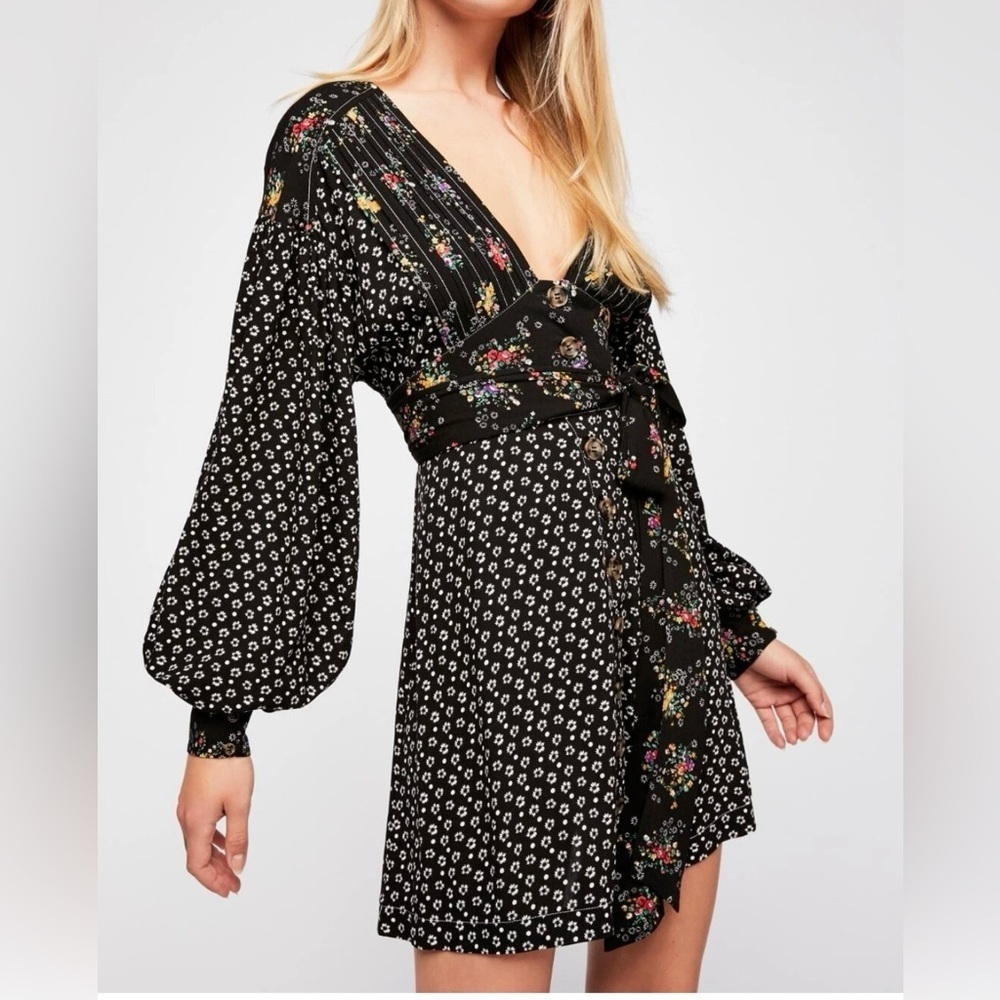 Free People Black Floral Long Sleeve Dress size XS - Picture 2 of 11